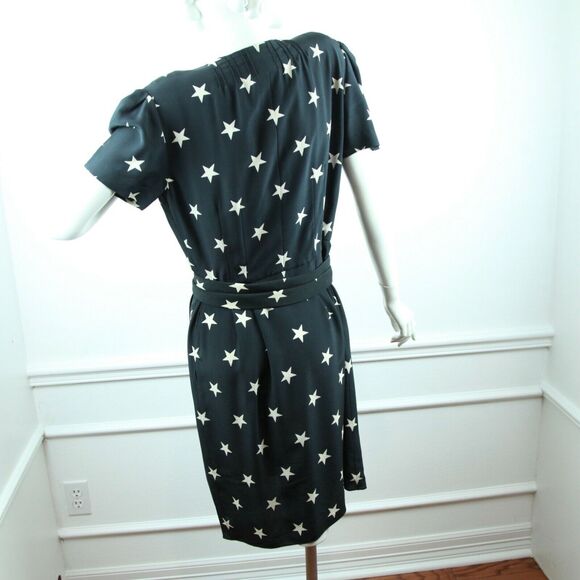 Vintage 80s Andre Laug Black Silk Star Dress Belted Designer M Cocktail Wrap - Picture 11 of 11